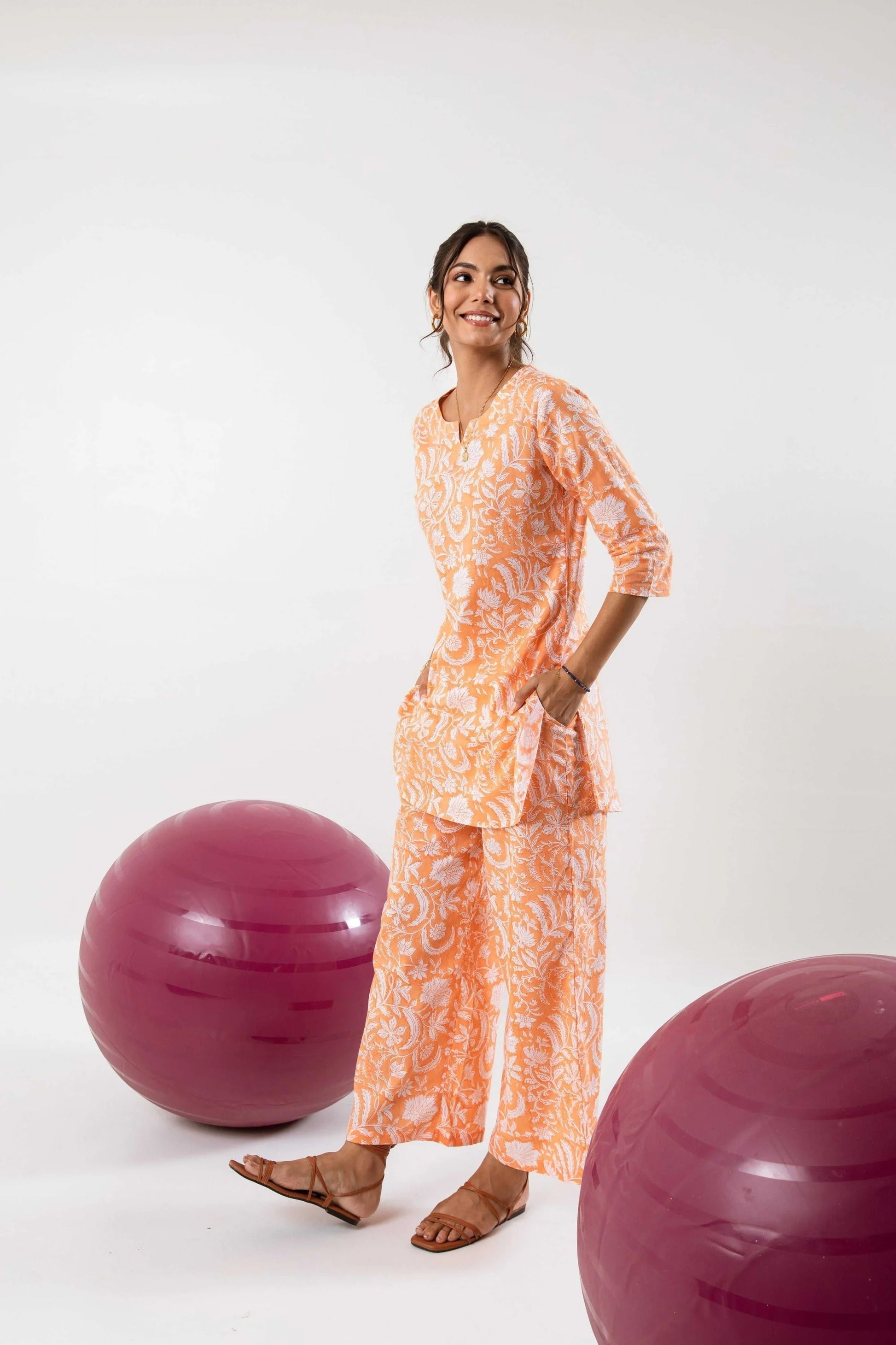 Saffron Dreamscape: Whimsical Orange Block Print Co-ord Set - Hukum Jaipur