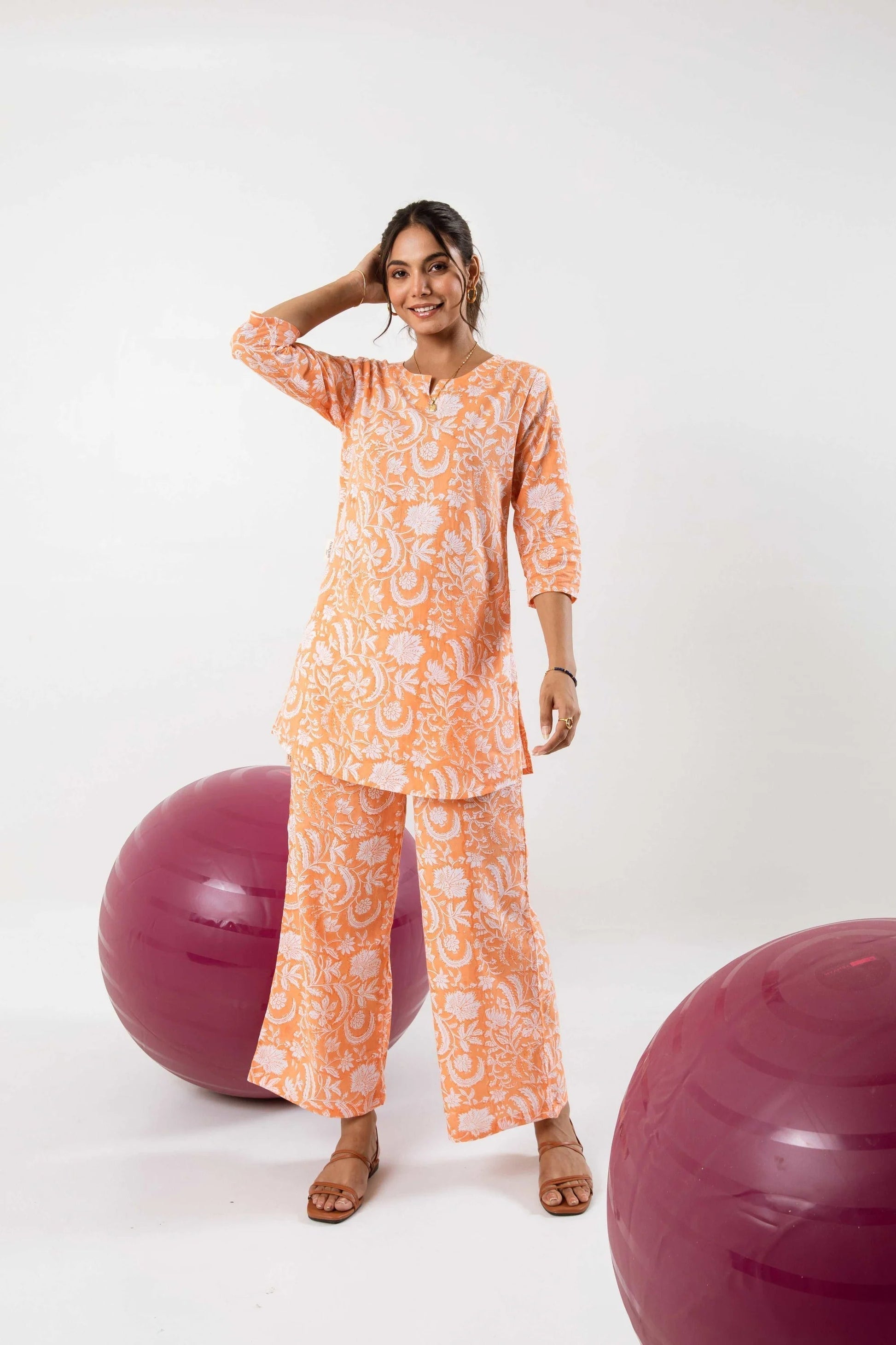 Saffron Dreamscape: Whimsical Orange Block Print Co-ord Set - Hukum Jaipur