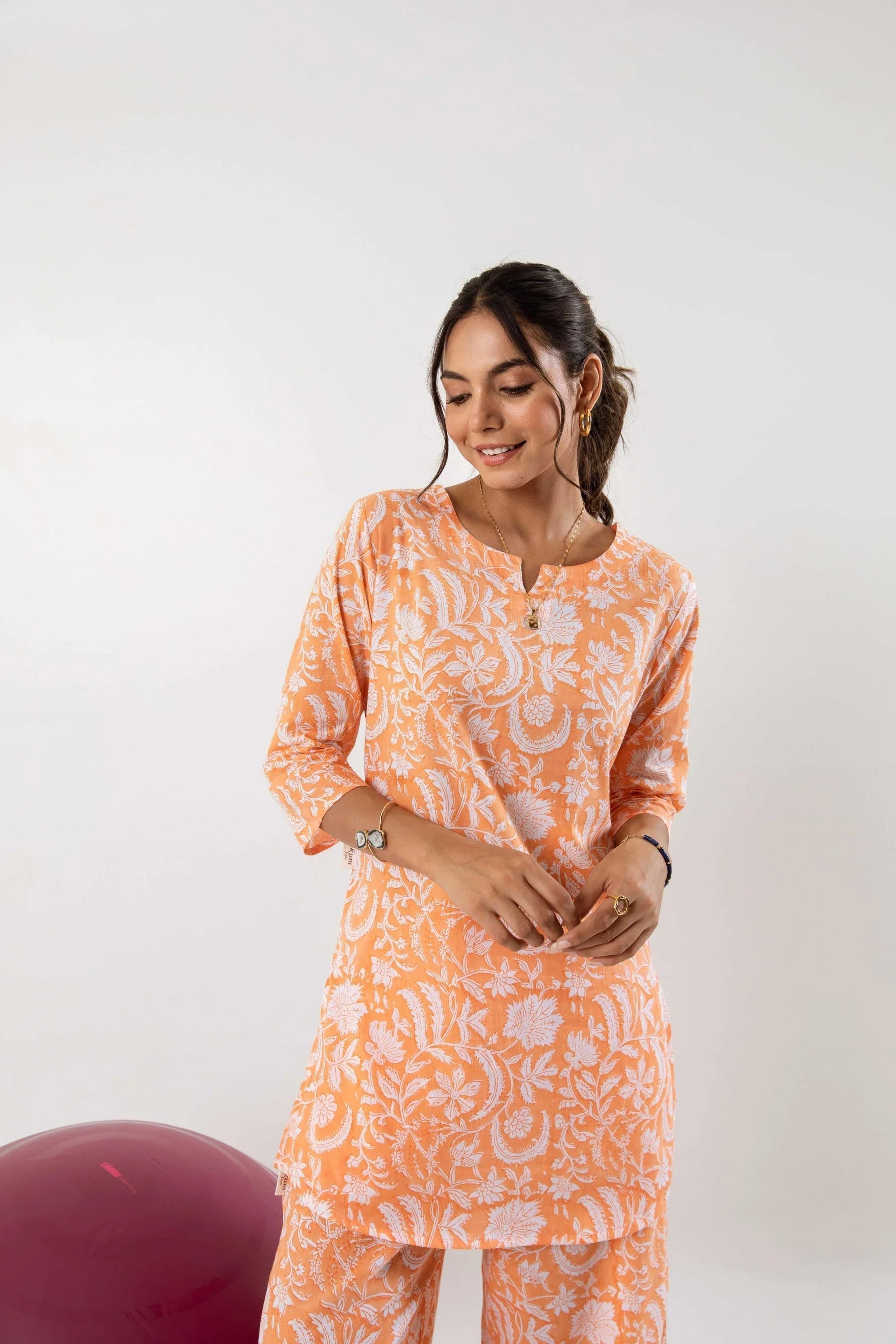 Saffron Dreamscape: Whimsical Orange Block Print Co-ord Set - Hukum Jaipur