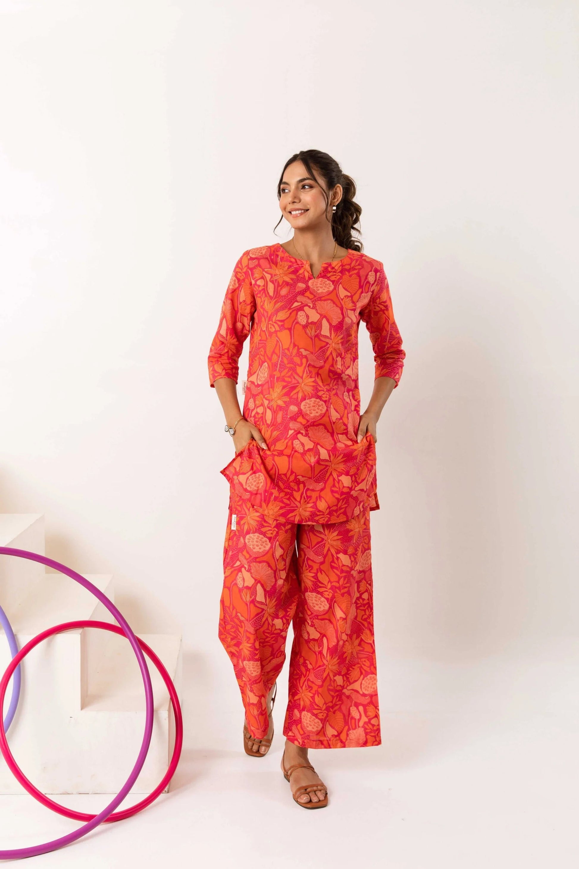 Whimsical Waves: Abstract Orange Cotton Co-ord Set - Hukum Jaipur