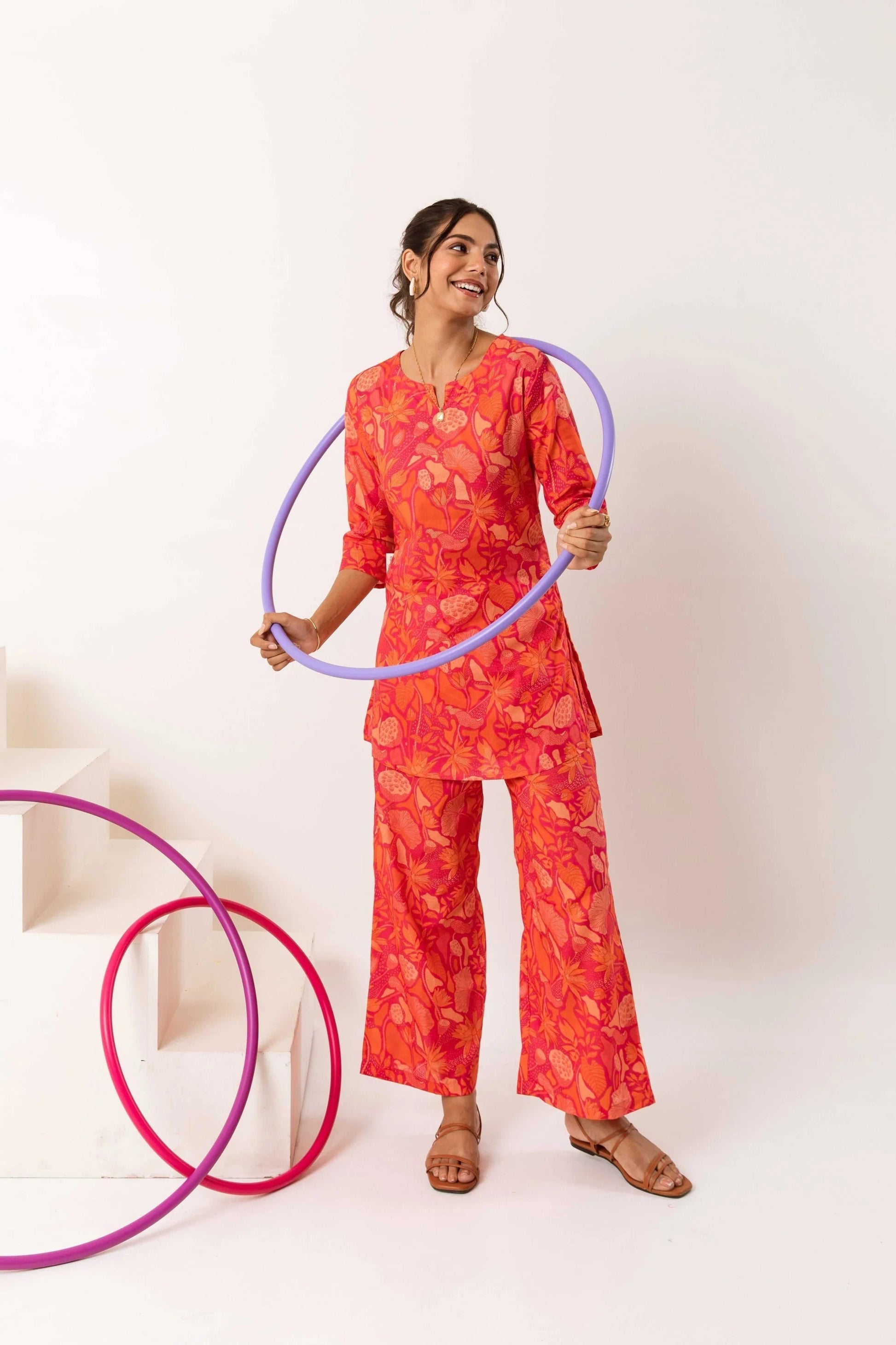 Whimsical Waves: Abstract Orange Cotton Co-ord Set - Hukum Jaipur